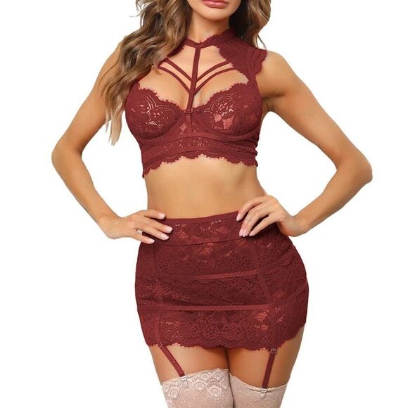 𝅺3 Piece Sexy Lingerie Collared Stretch-Burgundy